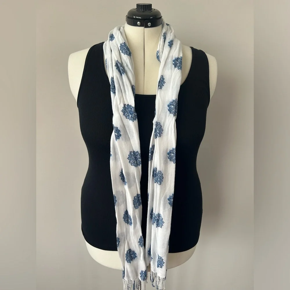 White with Blue Flowers Scarf - Picture 2 of 4